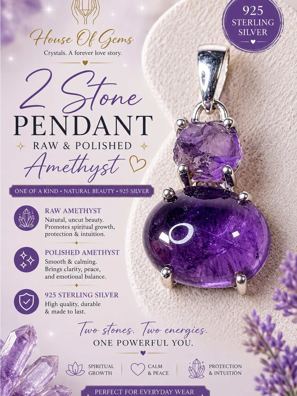 Purple Amethyst 2-Stone Sterling Silver Pendant